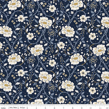 Image of Before the Blooms Main Indigo quilting cotton fabric by Danelys Sidron for Riley Blake Designs. Features flowers on a blue background. Cute Little Fabric Shop.
