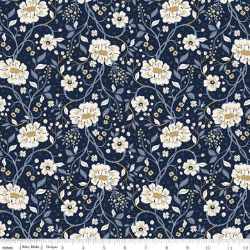 Image of Before the Blooms Main Indigo quilting cotton fabric by Danelys Sidron for Riley Blake Designs. Features flowers on a blue background. Cute Little Fabric Shop.