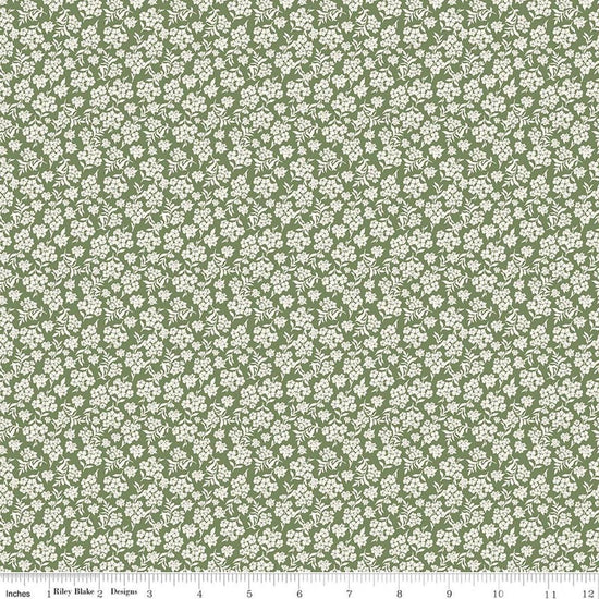 Image of Before the Blooms Viola Basil quilting cotton fabric by Danelys Sidron for Riley Blake Designs. Features flowers on a green background. Cute Little Fabric Shop.