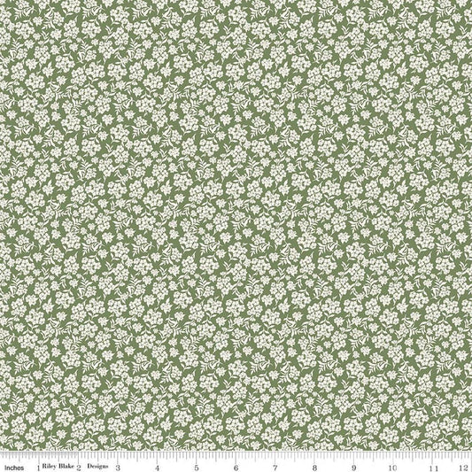 Image of Before the Blooms Viola Basil quilting cotton fabric by Danelys Sidron for Riley Blake Designs. Features flowers on a green background. Cute Little Fabric Shop.