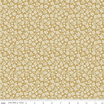 Image of Before the Blooms Viola Gold quilting cotton fabric by Danelys Sidron for Riley Blake Designs. Features flowers on a gold background. Cute Little Fabric Shop.