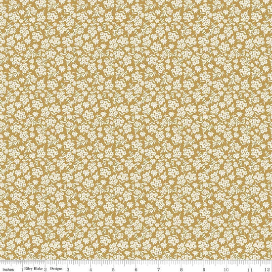 Image of Before the Blooms Viola Gold quilting cotton fabric by Danelys Sidron for Riley Blake Designs. Features flowers on a gold background. Cute Little Fabric Shop.