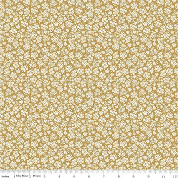 Image of Before the Blooms Viola Gold quilting cotton fabric by Danelys Sidron for Riley Blake Designs. Features flowers on a gold background. Cute Little Fabric Shop.