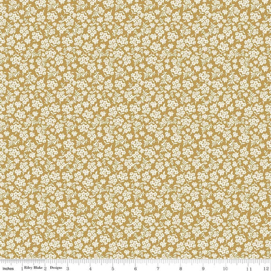 Image of Before the Blooms Viola Gold quilting cotton fabric by Danelys Sidron for Riley Blake Designs. Features flowers on a gold background. Cute Little Fabric Shop.