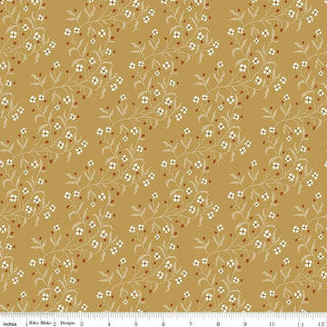 Image of Before the Blooms Astrid Gold quilting cotton fabric by Danelys Sidron for Riley Blake Designs. Features flowers on a gold background. Cute Little Fabric Shop.
