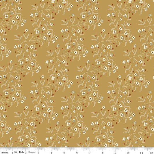 Image of Before the Blooms Astrid Gold quilting cotton fabric by Danelys Sidron for Riley Blake Designs. Features flowers on a gold background. Cute Little Fabric Shop.
