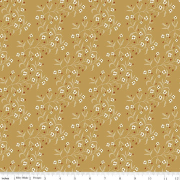 Image of Before the Blooms Astrid Gold quilting cotton fabric by Danelys Sidron for Riley Blake Designs. Features flowers on a gold background. Cute Little Fabric Shop.