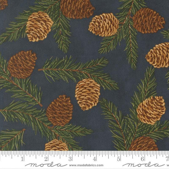 Image of Northwoods Lodge Pinecones Midnight quilting cotton fabric by Deb Strain for Moda Fabrics. Features plants on a blue background. Cute Little Fabric Shop.