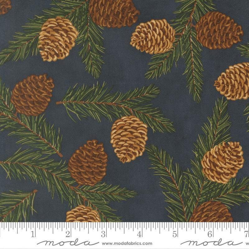 Image of Northwoods Lodge Pinecones Midnight quilting cotton fabric by Deb Strain for Moda Fabrics. Features plants on a blue background. Cute Little Fabric Shop.