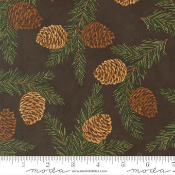 Image of Northwoods Lodge Pinecones Soil quilting cotton fabric by Deb Strain for Moda Fabrics. Features plants on a brown background. Cute Little Fabric Shop.