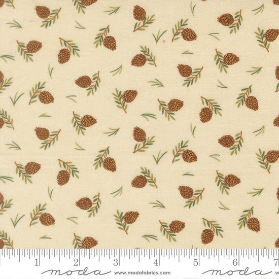 Image of Northwoods Lodge Tossed Pinecones Natural quilting cotton fabric by Deb Strain for Moda Fabrics. Features plants on a cream background. Cute Little Fabric Shop.