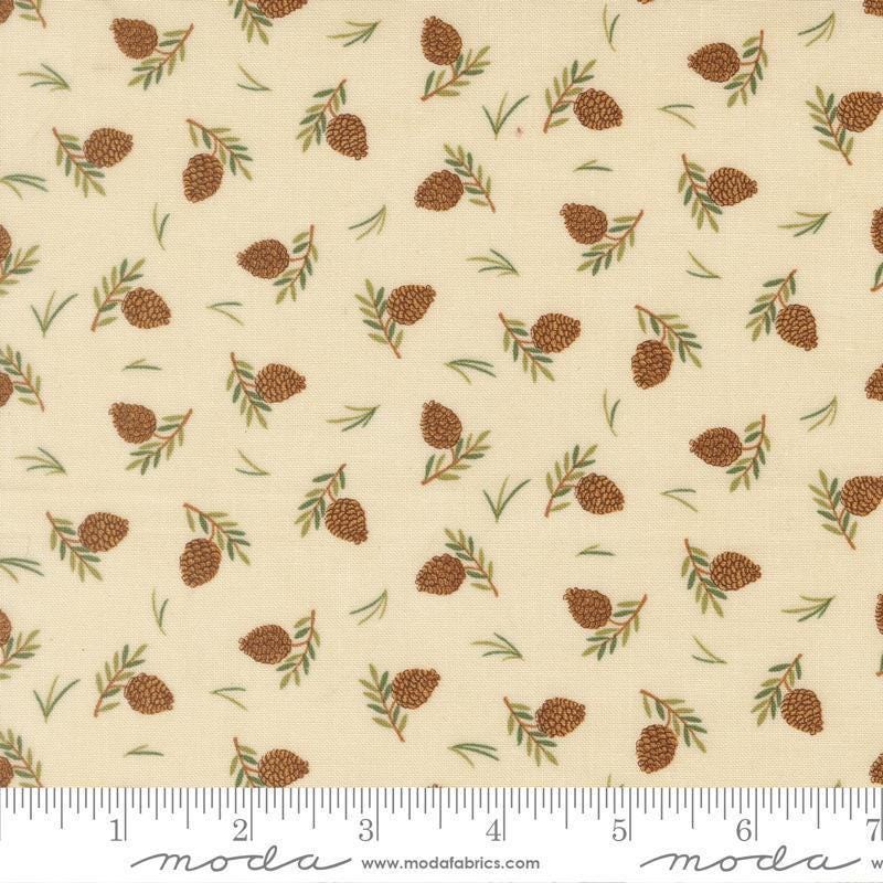 Image of Northwoods Lodge Tossed Pinecones Natural quilting cotton fabric by Deb Strain for Moda Fabrics. Features plants on a cream background. Cute Little Fabric Shop.