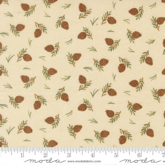 Image of Northwoods Lodge Tossed Pinecones Natural quilting cotton fabric by Deb Strain for Moda Fabrics. Features plants on a cream background. Cute Little Fabric Shop.