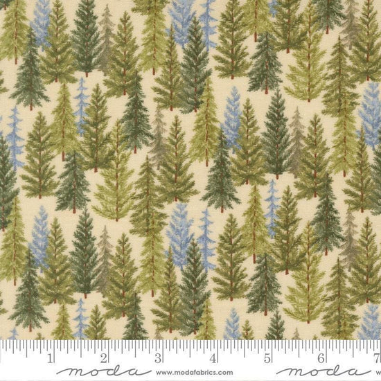 Image of Northwoods Lodge Tree Line Natural quilting cotton fabric by Deb Strain for Moda Fabrics. Features trees on a cream background. Cute Little Fabric Shop.