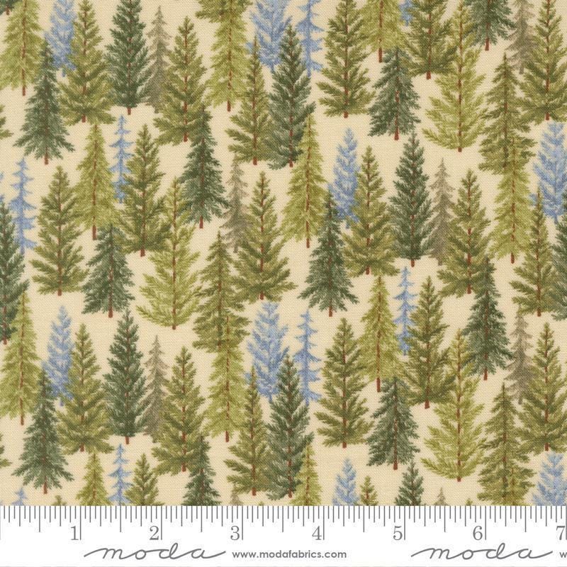 Image of Northwoods Lodge Tree Line Natural quilting cotton fabric by Deb Strain for Moda Fabrics. Features trees on a cream background. Cute Little Fabric Shop.