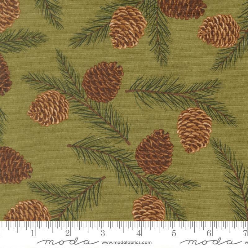 Image of Northwoods Lodge Pinecones Meadow quilting cotton fabric by Deb Strain for Moda Fabrics. Features plants on a green background. Cute Little Fabric Shop.