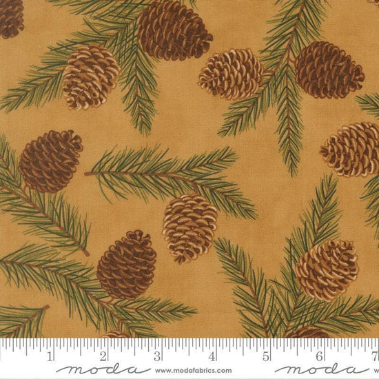 Image of Northwoods Lodge Pinecones Fawn quilting cotton fabric by Deb Strain for Moda Fabrics. Features plants on a brown background. Cute Little Fabric Shop.