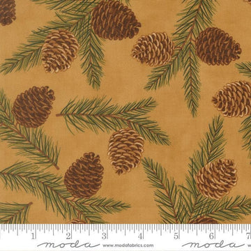 Image of Northwoods Lodge Pinecones Fawn quilting cotton fabric by Deb Strain for Moda Fabrics. Features plants on a brown background. Cute Little Fabric Shop.
