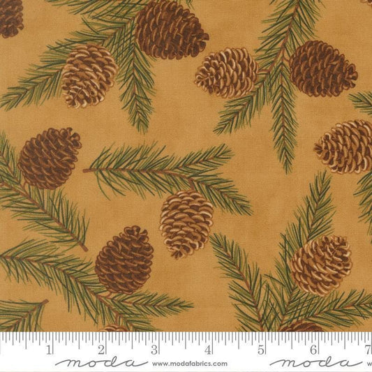 Image of Northwoods Lodge Pinecones Fawn quilting cotton fabric by Deb Strain for Moda Fabrics. Features plants on a brown background. Cute Little Fabric Shop.