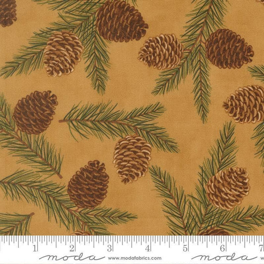 Image of Northwoods Lodge Pinecones Fawn quilting cotton fabric by Deb Strain for Moda Fabrics. Features plants on a brown background. Cute Little Fabric Shop.