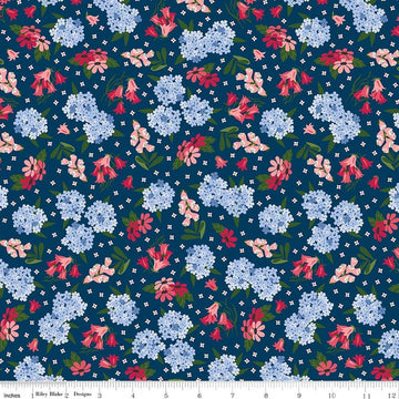 Image of Foxglove Main Oxford Blue quilting cotton fabric by Jill Finley for Riley Blake Designs. Features flowers on a blue background. Cute Little Fabric Shop.
