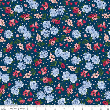 Image of Foxglove Main Oxford Blue quilting cotton fabric by Jill Finley for Riley Blake Designs. Features flowers on a blue background. Cute Little Fabric Shop.
