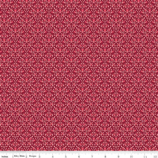Image of Foxglove Damask Dahlia Red quilting cotton fabric by Jill Finley for Riley Blake Designs. Features flowers on a red background. Cute Little Fabric Shop.