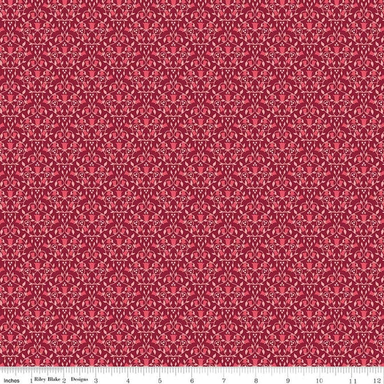 Image of Foxglove Damask Dahlia Red quilting cotton fabric by Jill Finley for Riley Blake Designs. Features flowers on a red background. Cute Little Fabric Shop.