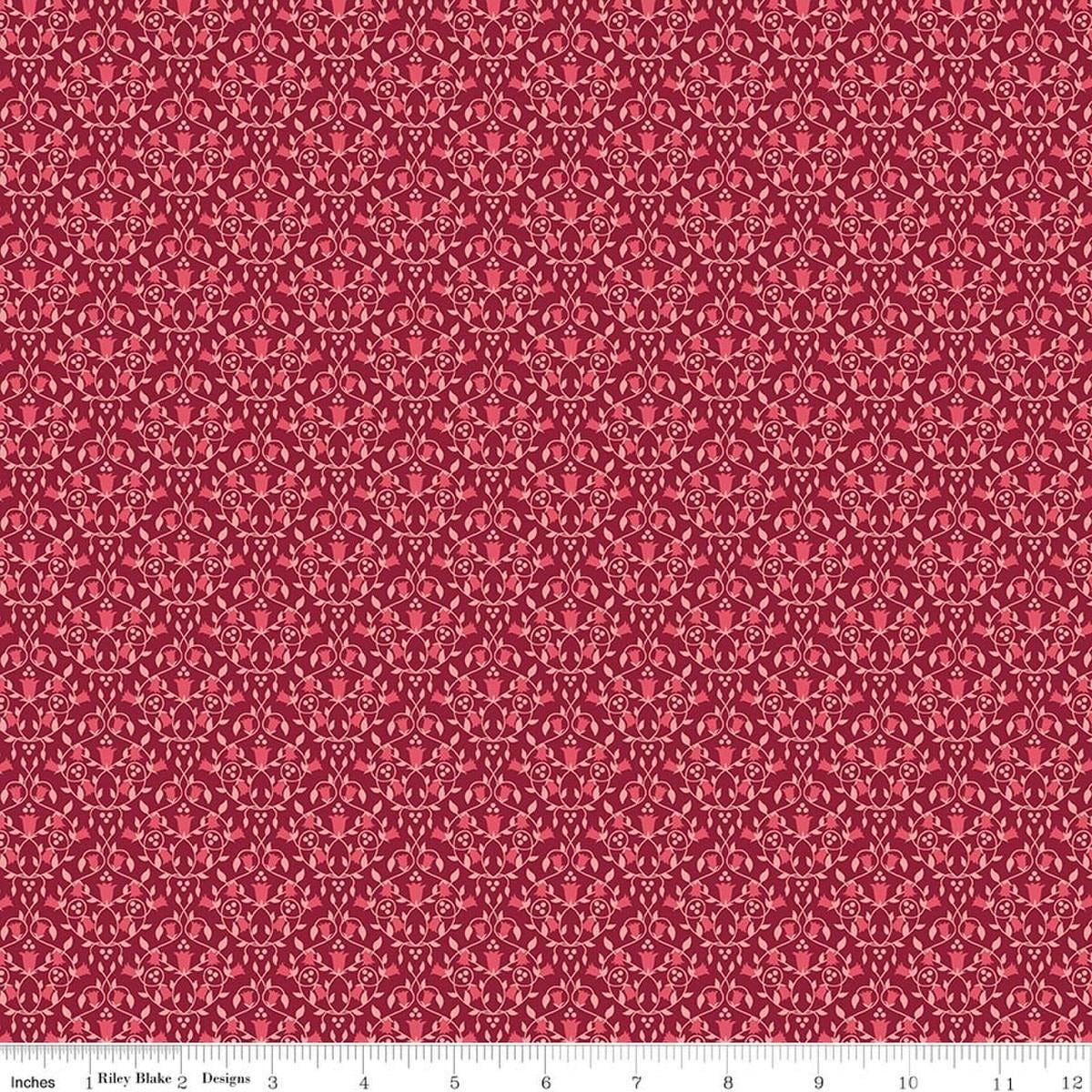 Image of Foxglove Damask Dahlia Red quilting cotton fabric by Jill Finley for Riley Blake Designs. Features flowers on a red background. Cute Little Fabric Shop.