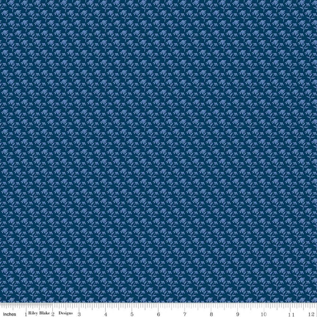 Image of Foxglove Tonal Floral Oxford Blue quilting cotton fabric by Jill Finley for Riley Blake Designs. Features flowers on a blue background. Cute Little Fabric Shop.