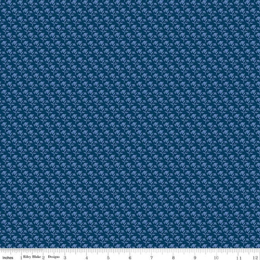 Image of Foxglove Tonal Floral Oxford Blue quilting cotton fabric by Jill Finley for Riley Blake Designs. Features flowers on a blue background. Cute Little Fabric Shop.