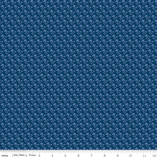 Image of Foxglove Tonal Floral Oxford Blue quilting cotton fabric by Jill Finley for Riley Blake Designs. Features flowers on a blue background. Cute Little Fabric Shop.
