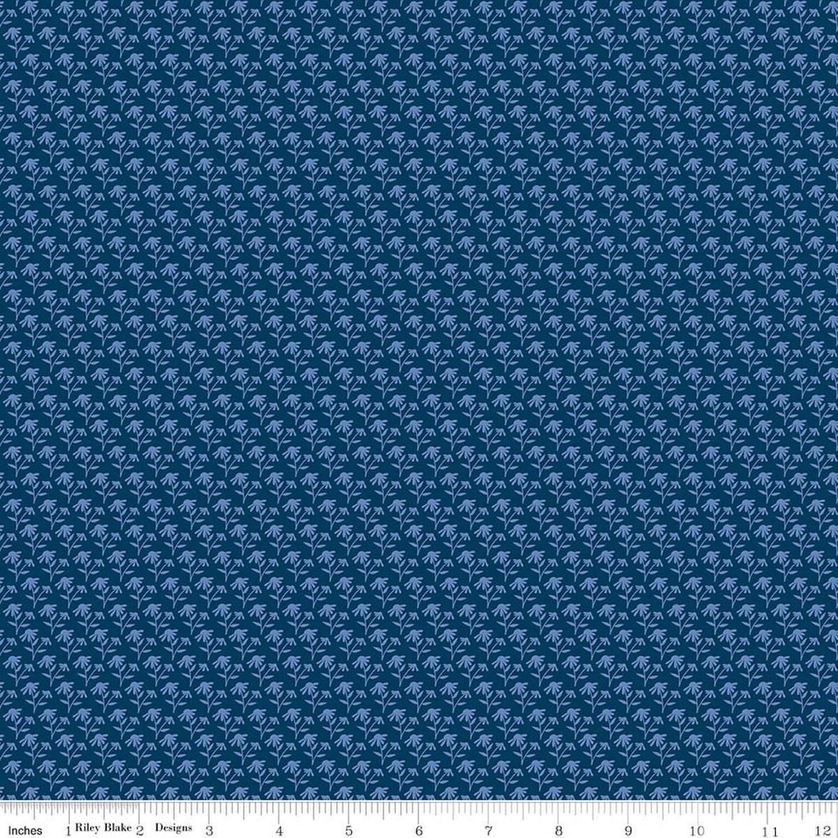 Image of Foxglove Tonal Floral Oxford Blue quilting cotton fabric by Jill Finley for Riley Blake Designs. Features flowers on a blue background. Cute Little Fabric Shop.