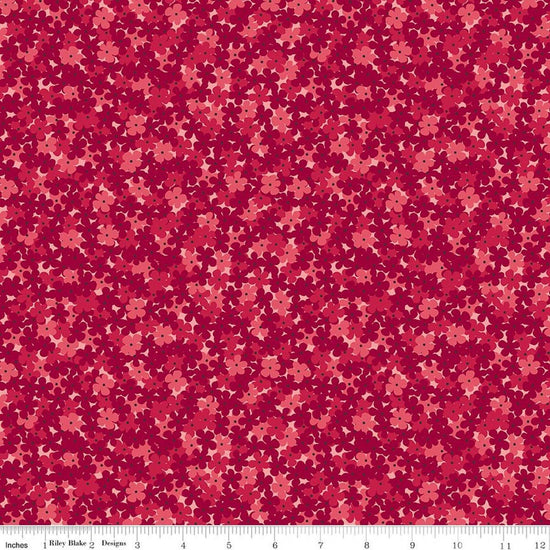Image of Foxglove Hydrangea Dahlia Red quilting cotton fabric by Jill Finley for Riley Blake Designs. Features flowers on a red background. Cute Little Fabric Shop.