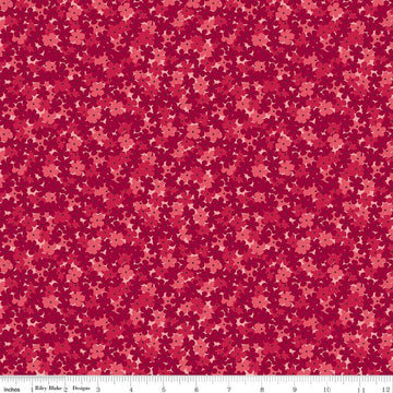 Image of Foxglove Hydrangea Dahlia Red quilting cotton fabric by Jill Finley for Riley Blake Designs. Features flowers on a red background. Cute Little Fabric Shop.