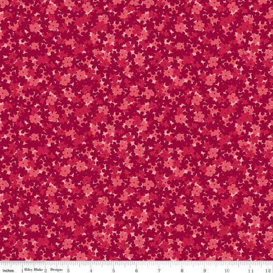 Image of Foxglove Hydrangea Dahlia Red quilting cotton fabric by Jill Finley for Riley Blake Designs. Features flowers on a red background. Cute Little Fabric Shop.