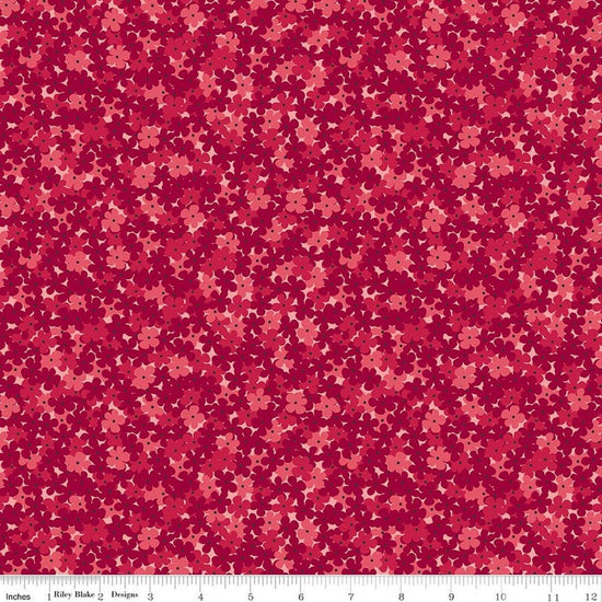 Image of Foxglove Hydrangea Dahlia Red quilting cotton fabric by Jill Finley for Riley Blake Designs. Features flowers on a red background. Cute Little Fabric Shop.