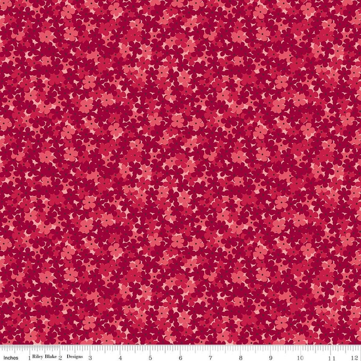 Image of Foxglove Hydrangea Dahlia Red quilting cotton fabric by Jill Finley for Riley Blake Designs. Features flowers on a red background. Cute Little Fabric Shop.