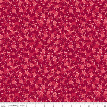 Image of Foxglove Hydrangea Dahlia Red quilting cotton fabric by Jill Finley for Riley Blake Designs. Features flowers on a red background. Cute Little Fabric Shop.