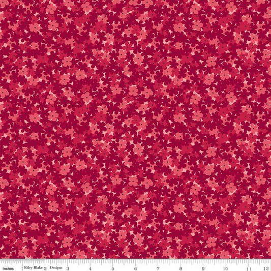Image of Foxglove Hydrangea Dahlia Red quilting cotton fabric by Jill Finley for Riley Blake Designs. Features flowers on a red background. Cute Little Fabric Shop.