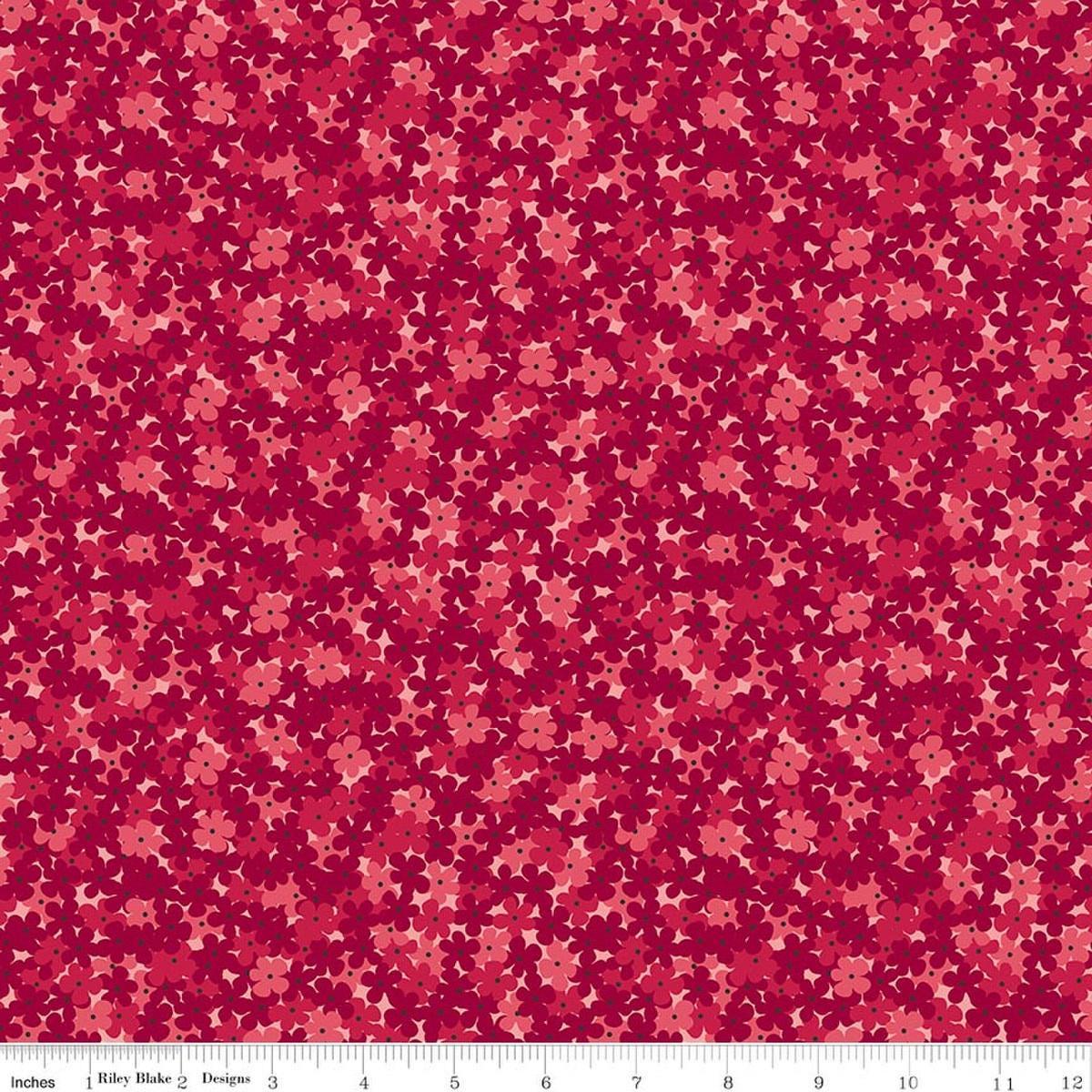 Image of Foxglove Hydrangea Dahlia Red quilting cotton fabric by Jill Finley for Riley Blake Designs. Features flowers on a red background. Cute Little Fabric Shop.