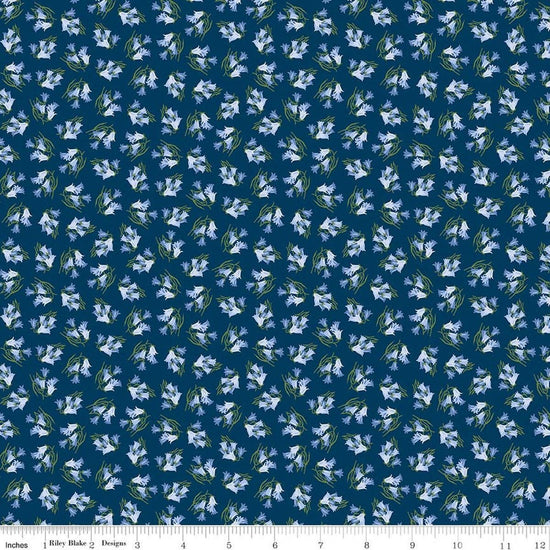 Image of Foxglove Bluebells Oxford Blue quilting cotton fabric by Jill Finley for Riley Blake Designs. Features flowers on a blue background. Cute Little Fabric Shop.