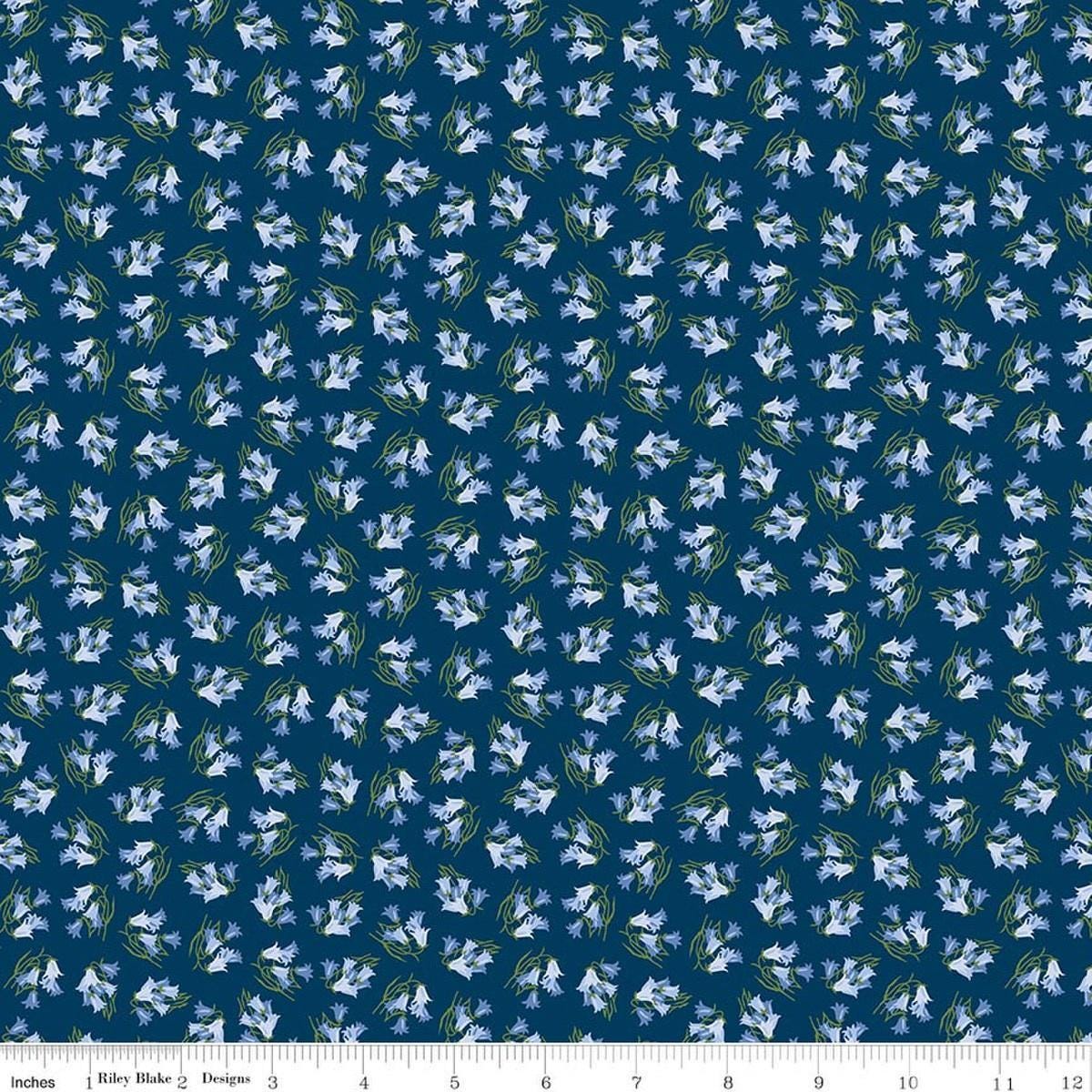 Image of Foxglove Bluebells Oxford Blue quilting cotton fabric by Jill Finley for Riley Blake Designs. Features flowers on a blue background. Cute Little Fabric Shop.