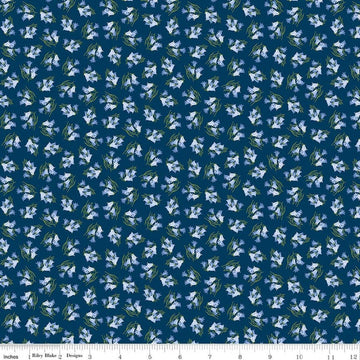 Image of Foxglove Bluebells Oxford Blue quilting cotton fabric by Jill Finley for Riley Blake Designs. Features flowers on a blue background. Cute Little Fabric Shop.