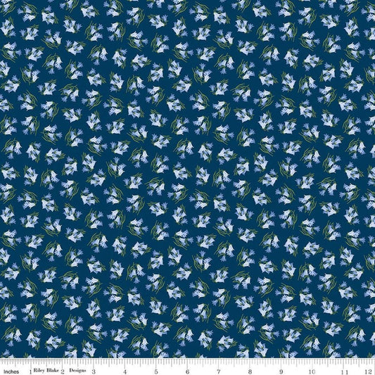 Image of Foxglove Bluebells Oxford Blue quilting cotton fabric by Jill Finley for Riley Blake Designs. Features flowers on a blue background. Cute Little Fabric Shop.