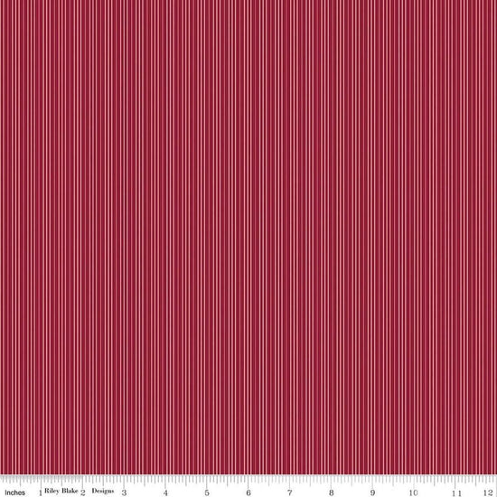 Image of Foxglove Stripes Dahlia Red quilting cotton fabric by Jill Finley for Riley Blake Designs. Features stripes on a red background. Cute Little Fabric Shop.