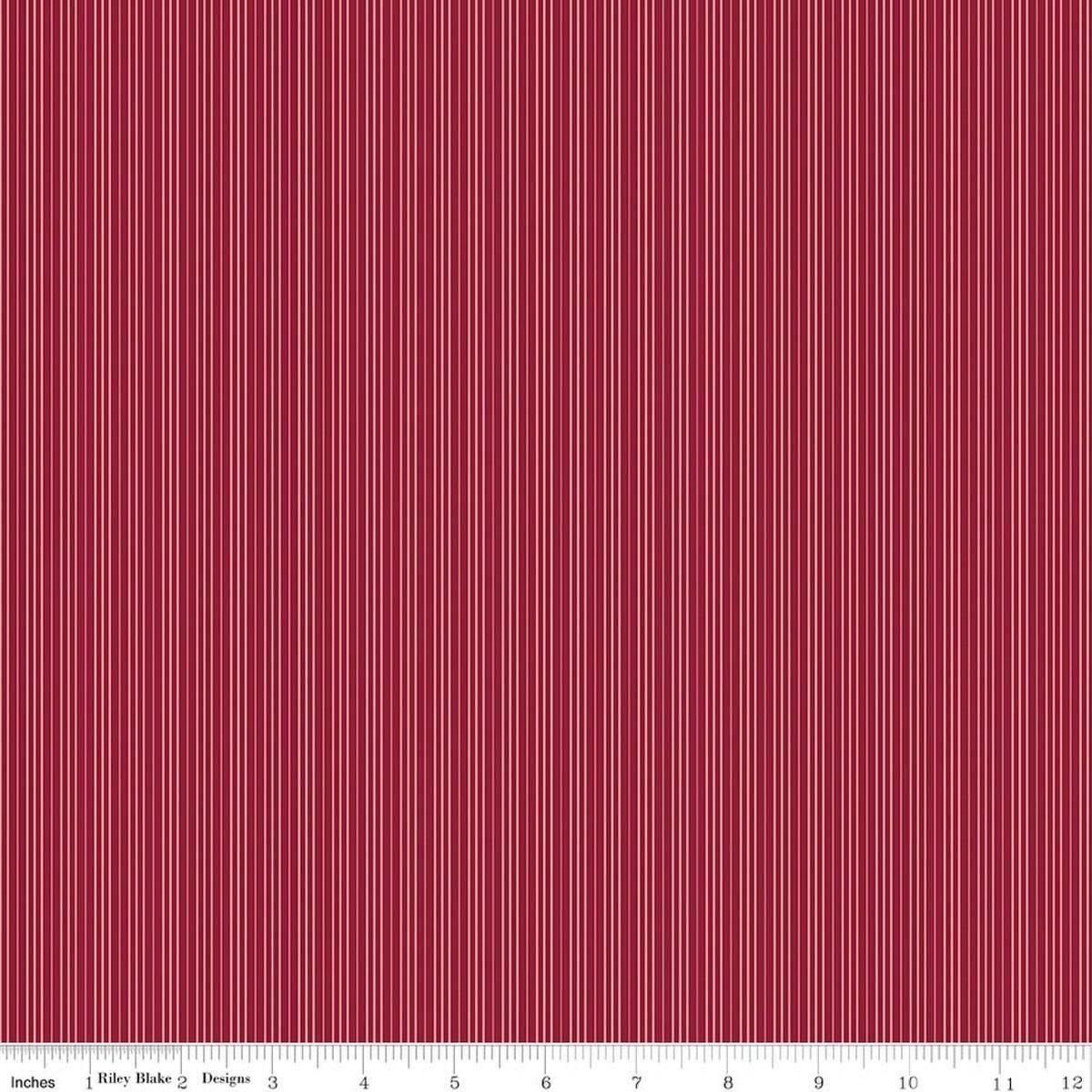Image of Foxglove Stripes Dahlia Red quilting cotton fabric by Jill Finley for Riley Blake Designs. Features stripes on a red background. Cute Little Fabric Shop.