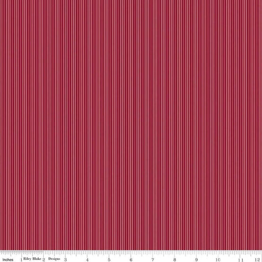 Image of Foxglove Stripes Dahlia Red quilting cotton fabric by Jill Finley for Riley Blake Designs. Features stripes on a red background. Cute Little Fabric Shop.