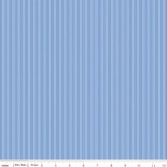 Image of Foxglove Stripes Blue quilting cotton fabric by Jill Finley for Riley Blake Designs. Features stripes on a blue background. Cute Little Fabric Shop.