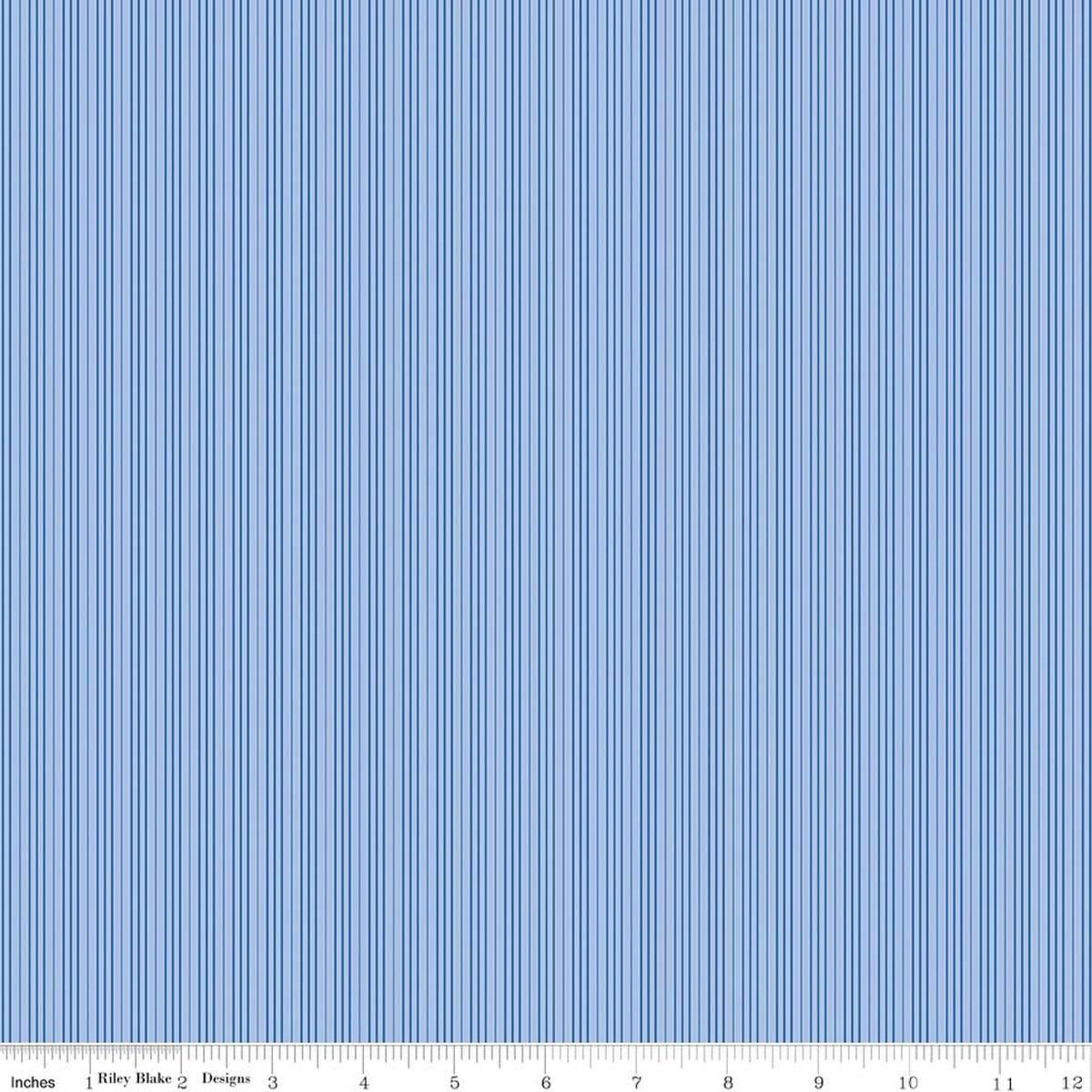 Image of Foxglove Stripes Blue quilting cotton fabric by Jill Finley for Riley Blake Designs. Features stripes on a blue background. Cute Little Fabric Shop.